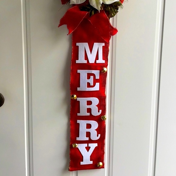 Red Burlap Christmas Jingling Bells Door Hanger - Picture 3 of 8